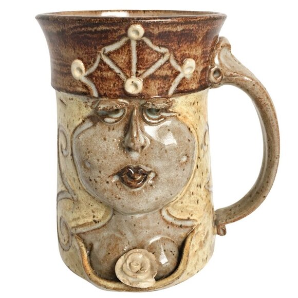 Vintage 1980s John Coiner Ugly Face Woman Queen Crown Cleavage Pottery Mug Cup - Picture 1 of 10
